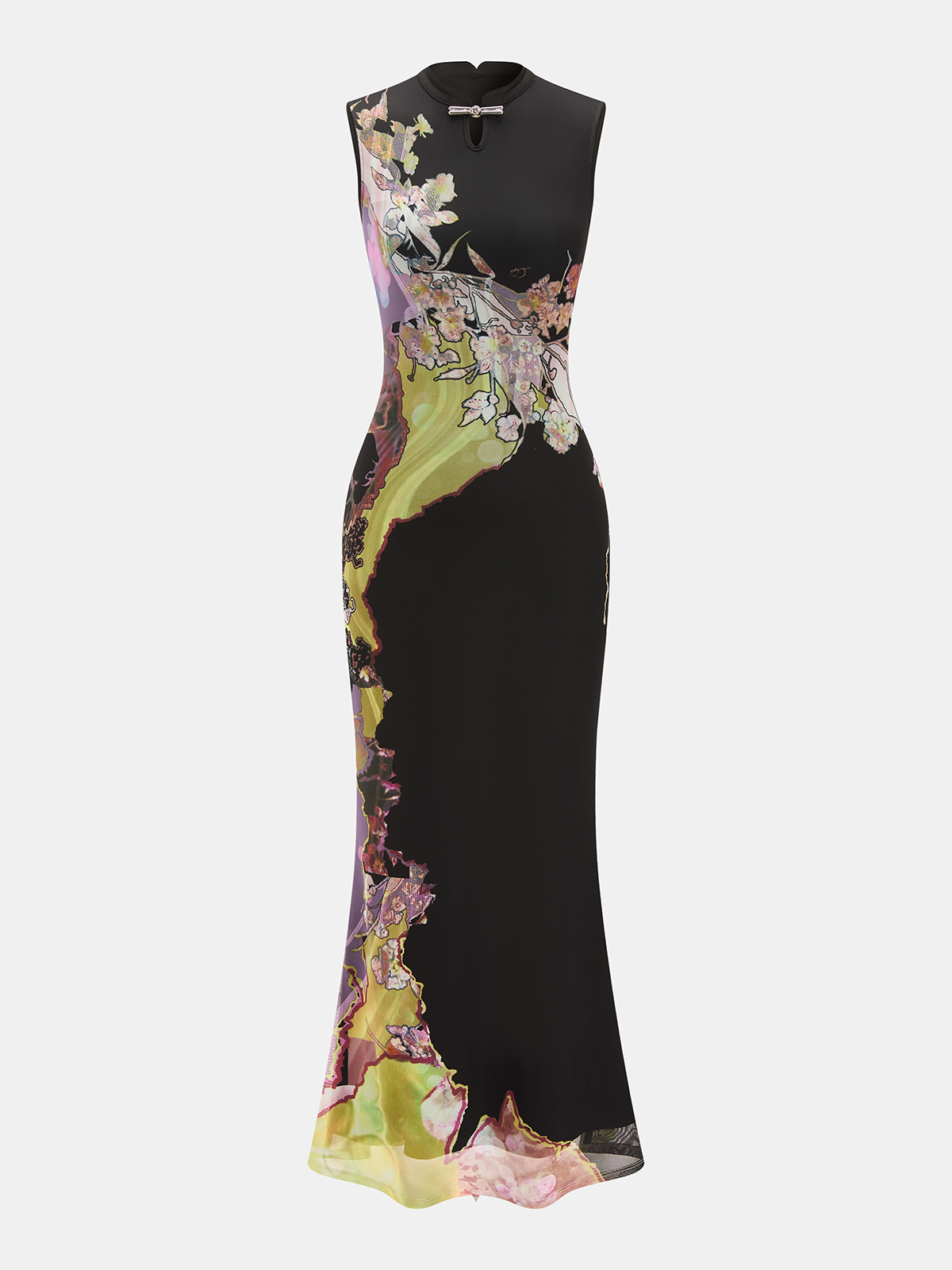 Floral Print Sleeveless Cheongsam-Inspired Maxi Dress