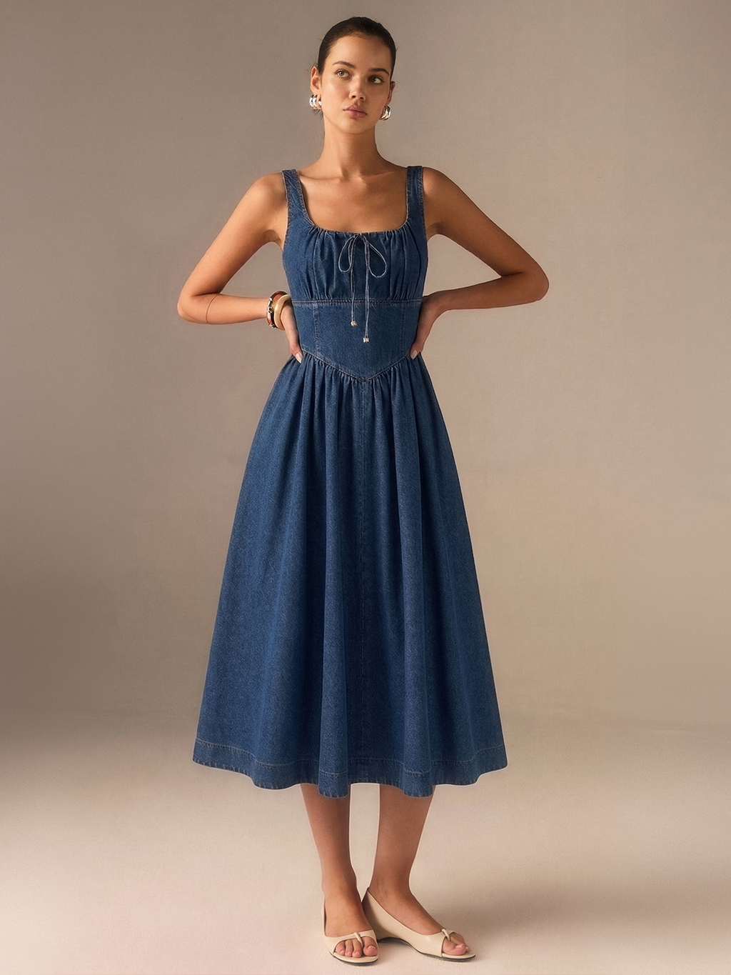 Square Neck Denim Midi Dress with Tie Front