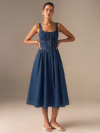 Square Neck Denim Midi Dress with Tie Front