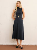 High Neck Sleeveless Dress with Belted Maxi Design