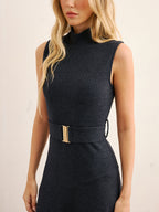 Sleeveless High Neck Maxi Dress with Belt