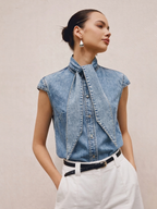 Sleeveless Denim Blouse with Tie Neck Detail