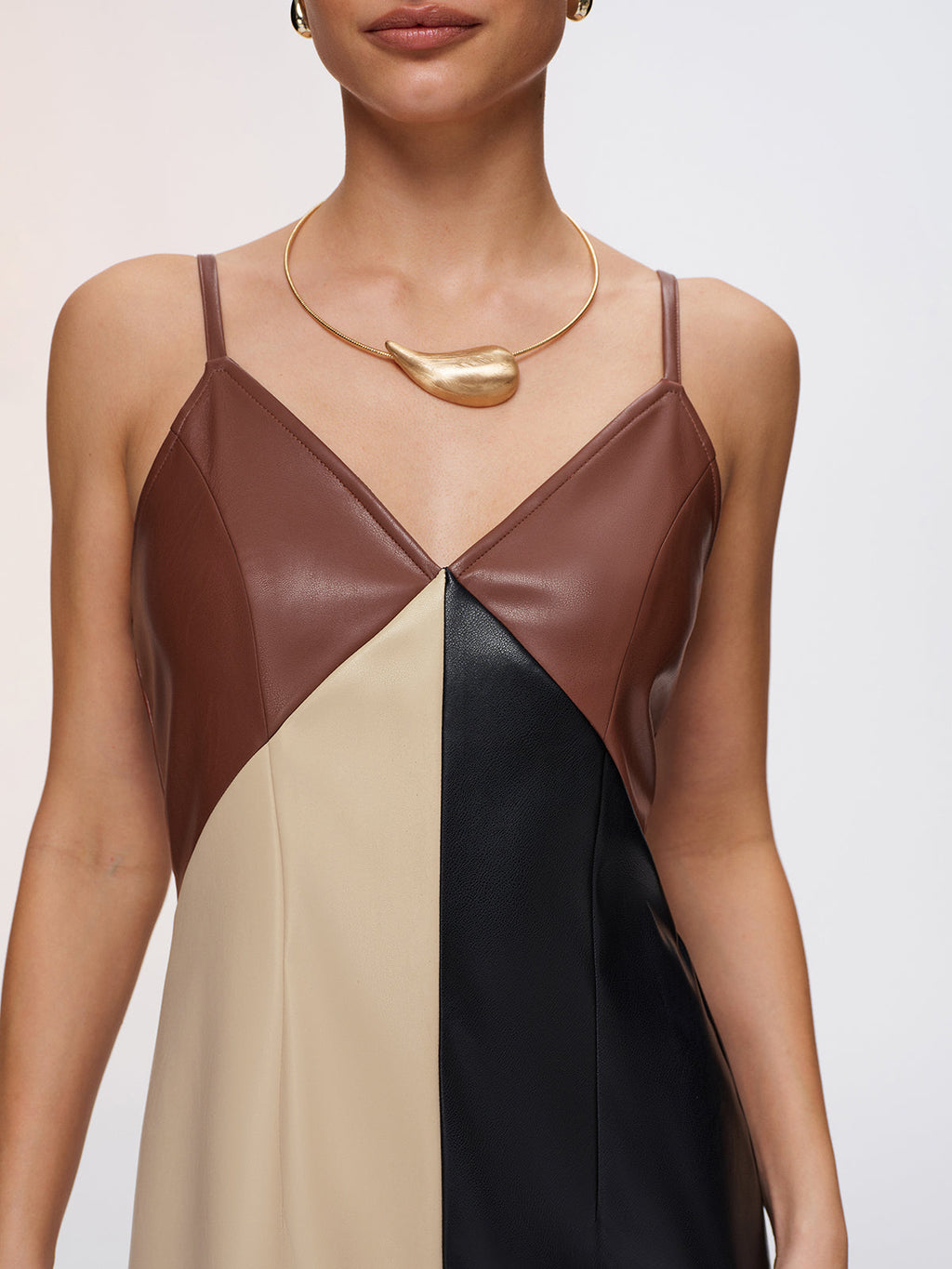 Faux Leather Cami Dress with Color-Block Design