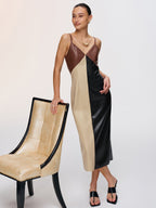 Faux Leather Cami Dress with Color-Block Design