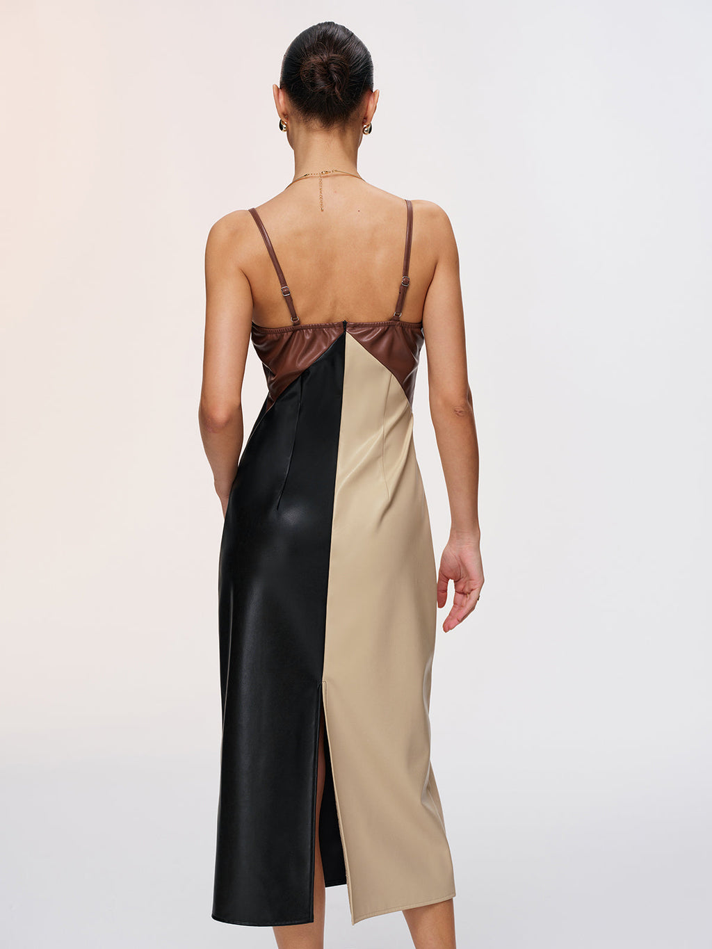Faux Leather Cami Dress with Color-Block Design
