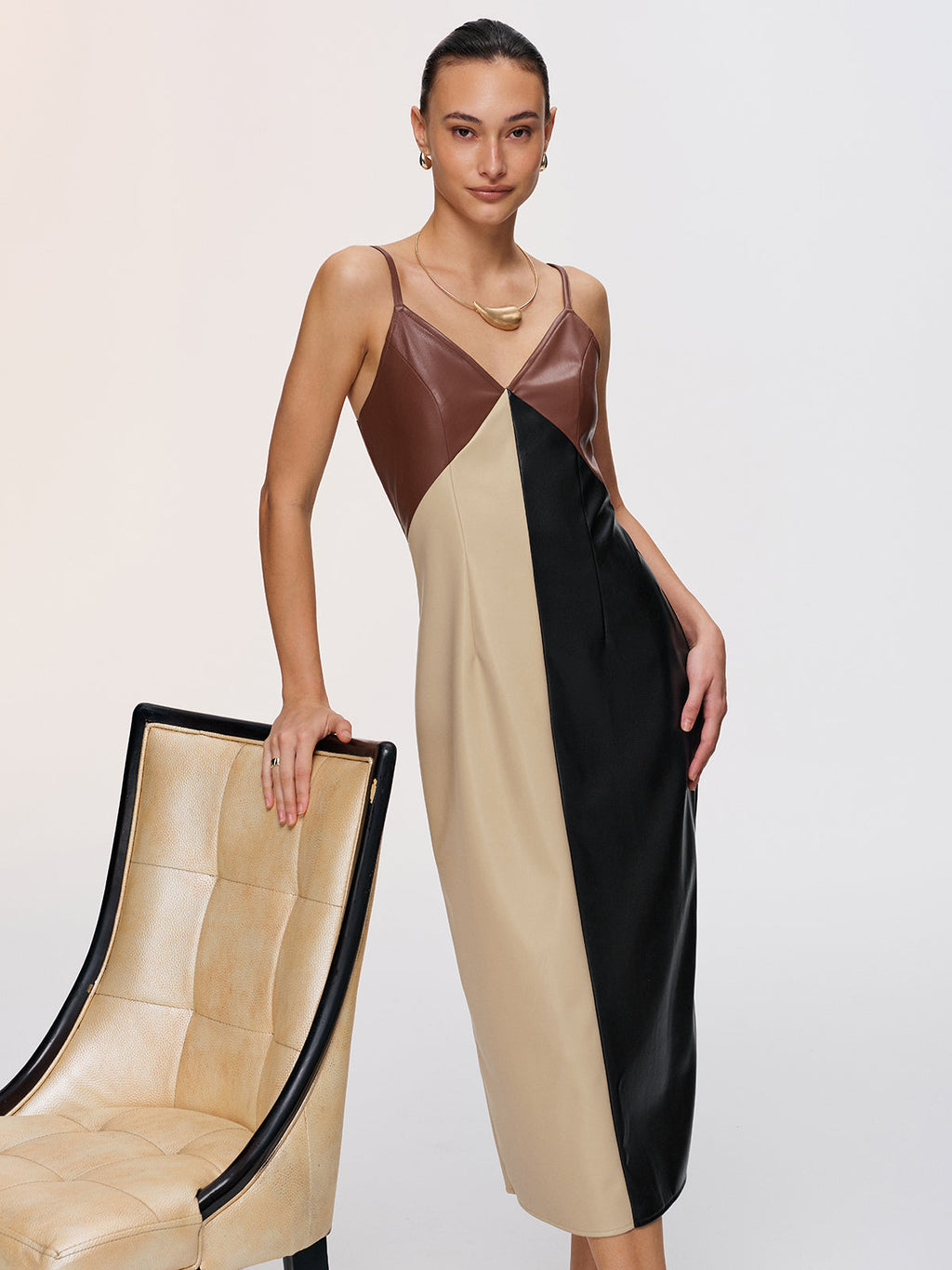 Faux Leather Cami Dress with Color-Block Design