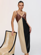 Faux Leather Cami Dress with Color-Block Design