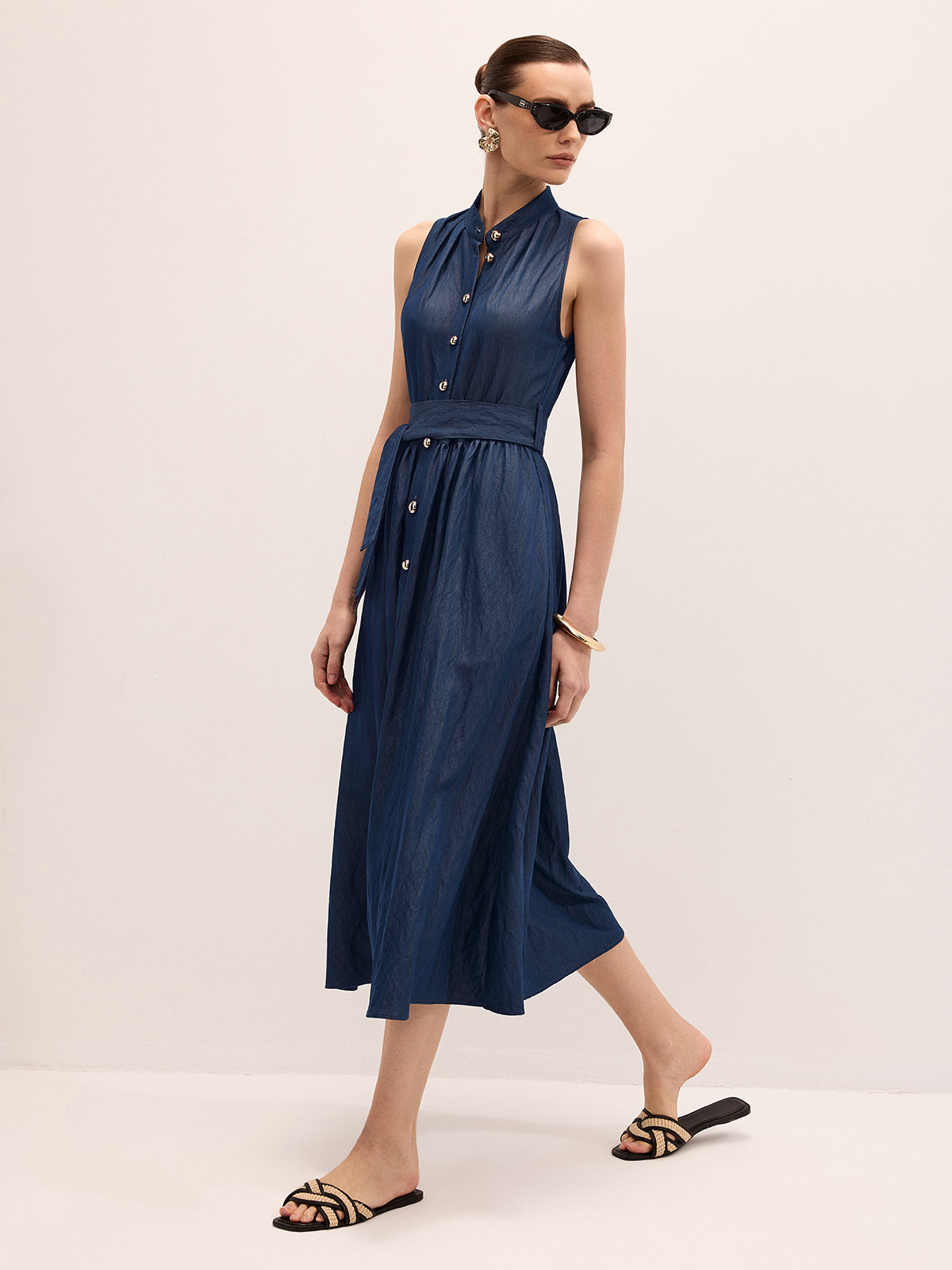 Belted Sleeveless Cotton Blend Maxi Dress