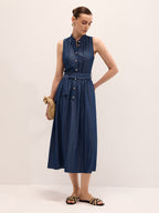 Belted Sleeveless Cotton Blend Maxi Dress