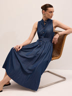Cotton Blend Belted Sleeveless Maxi Dress