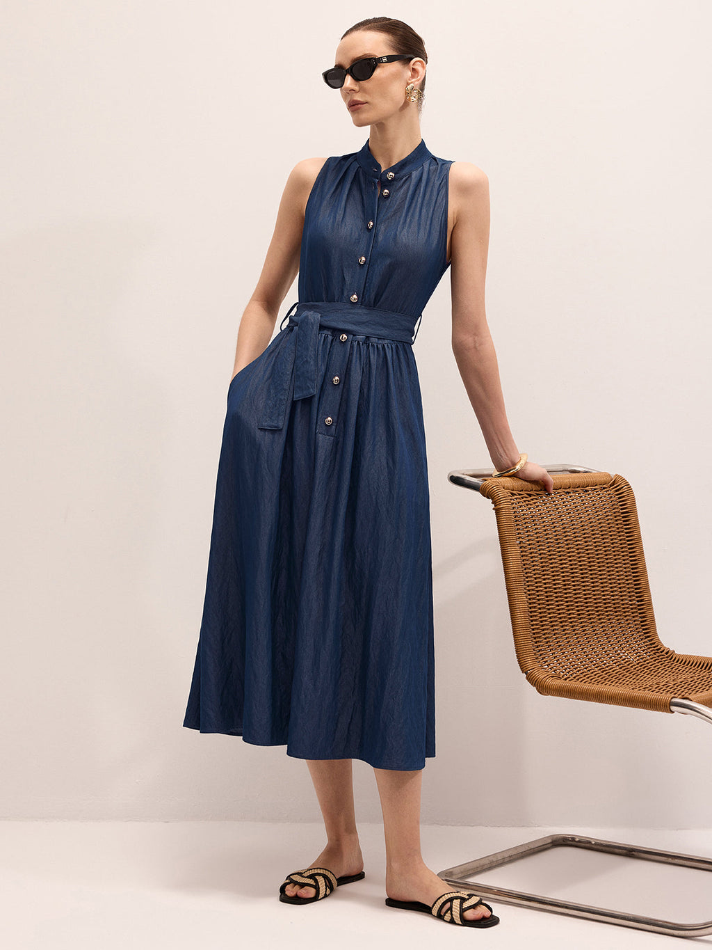 Belted Sleeveless Cotton Blend Maxi Dress