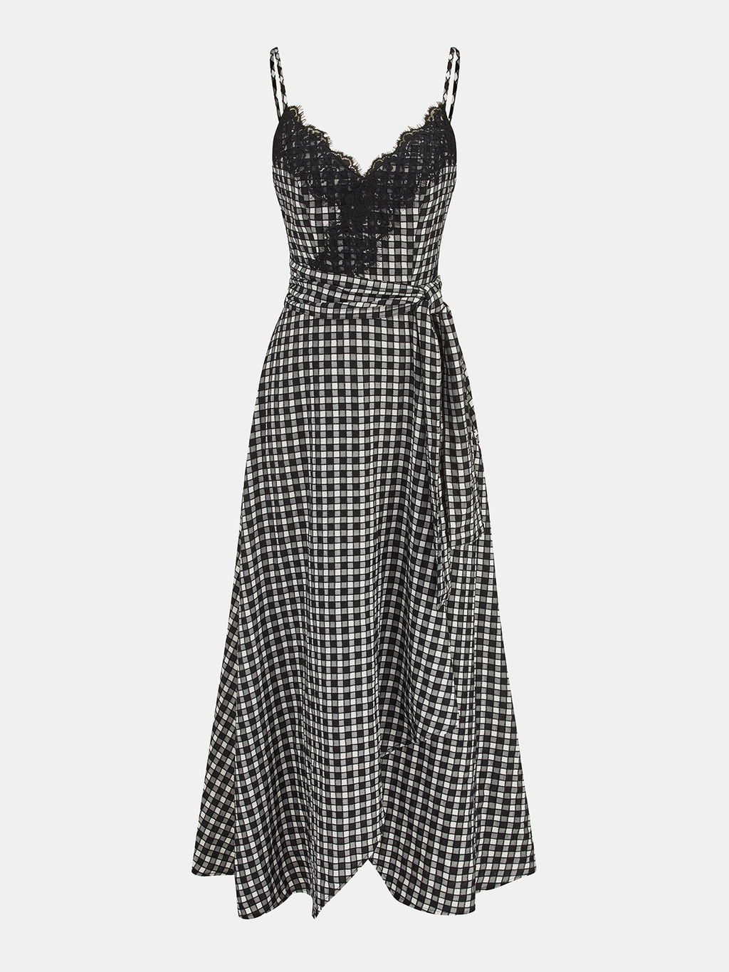 Gingham Midi Dress with Lace Trim Camisole Style
