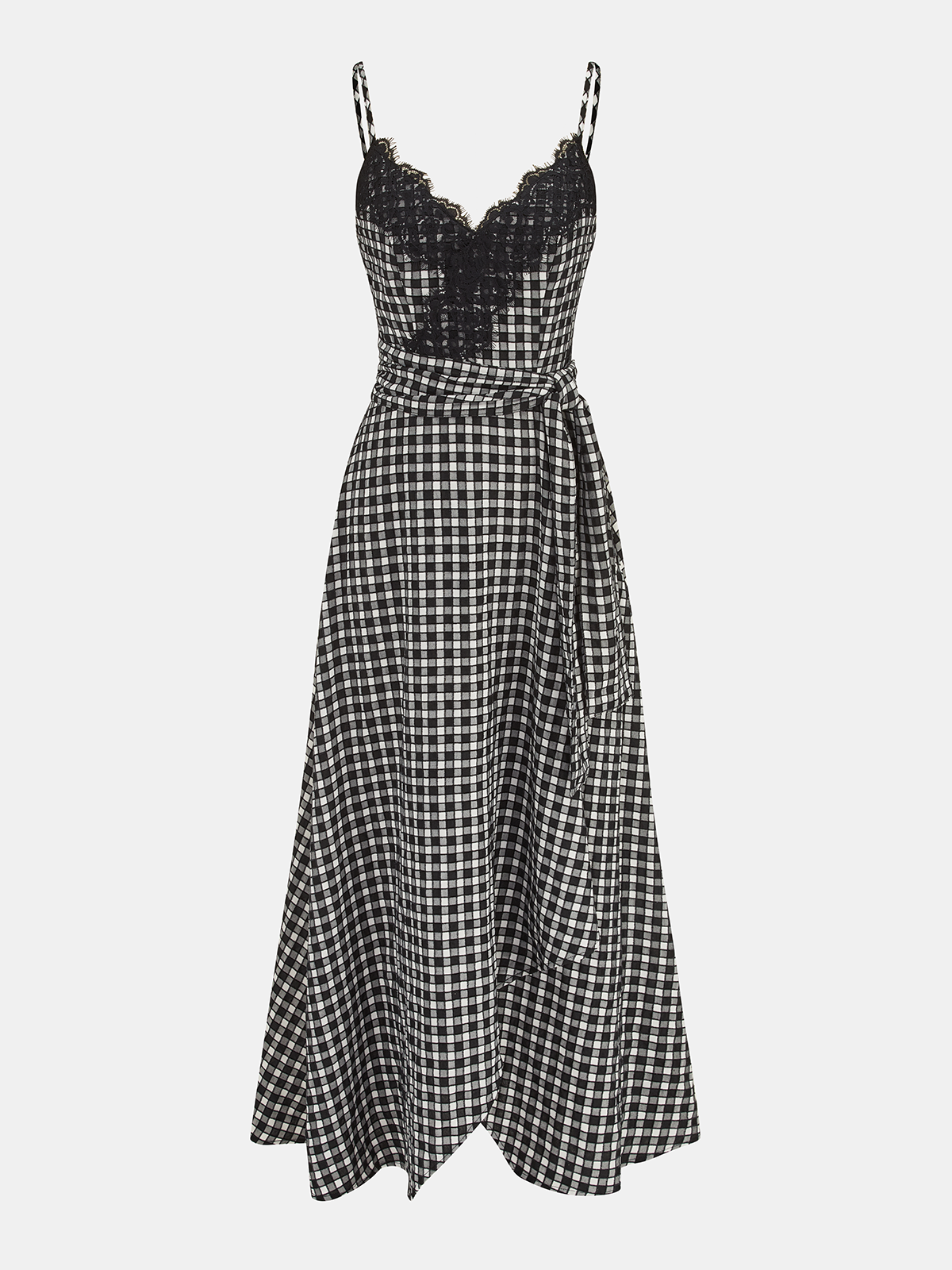 Gingham Midi Dress with Lace Trim Camisole Style