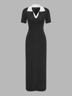 Contrast Collar Knit Maxi Dress with Short Sleeves