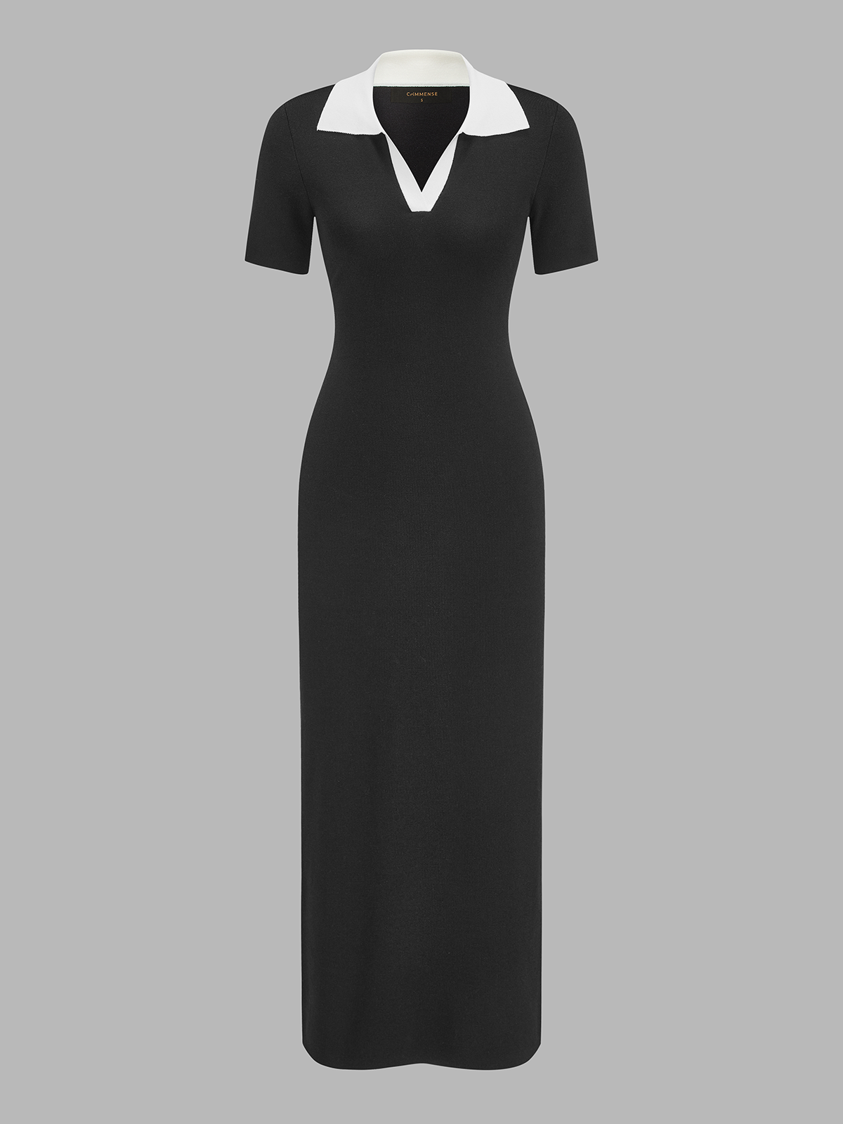 Contrast Collar Knit Maxi Dress with Short Sleeves