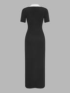 Contrast Collar Knit Maxi Dress with Short Sleeves