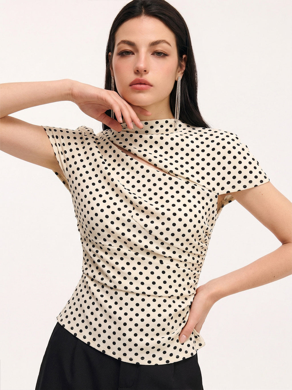 Polka Dot Ruched Blouse with Cut-Out Short Sleeves