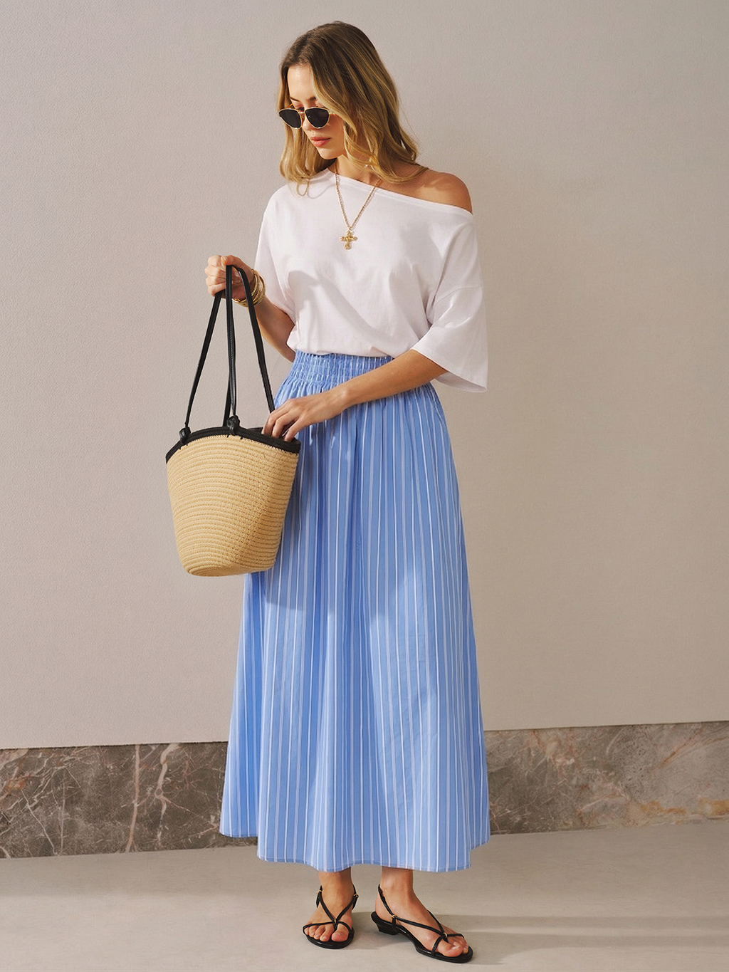 Off-Shoulder Midi Dress in Color Block Stripes