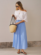 Off-Shoulder Midi Dress in Color Block Stripes