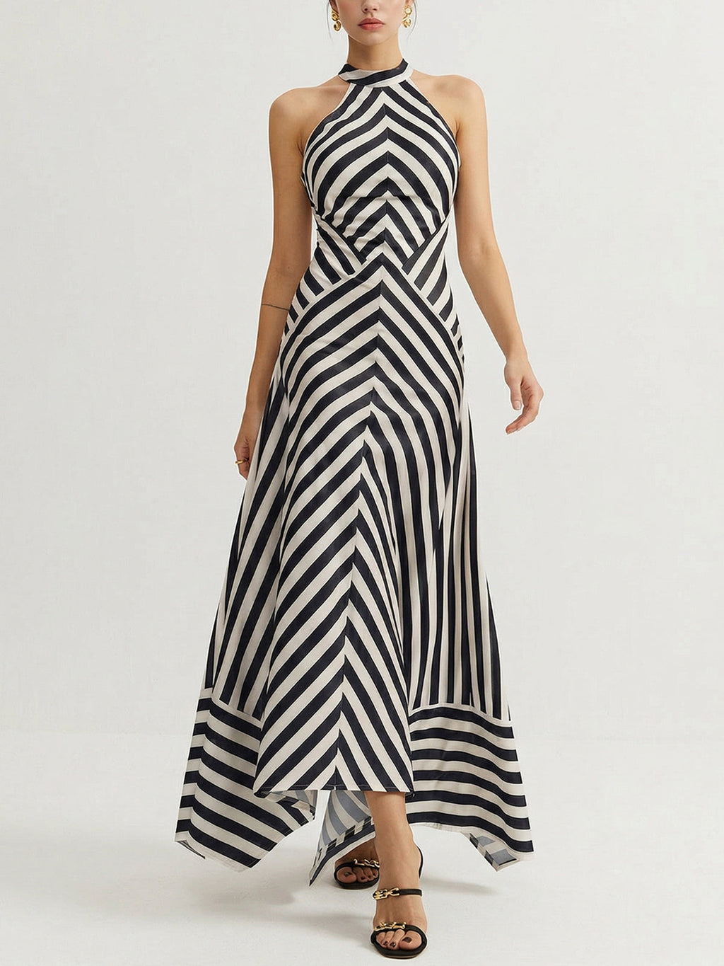 Striped Halter Maxi Dress with Backless Design