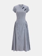 Gingham Midi Dress with Frog Button Short Sleeves
