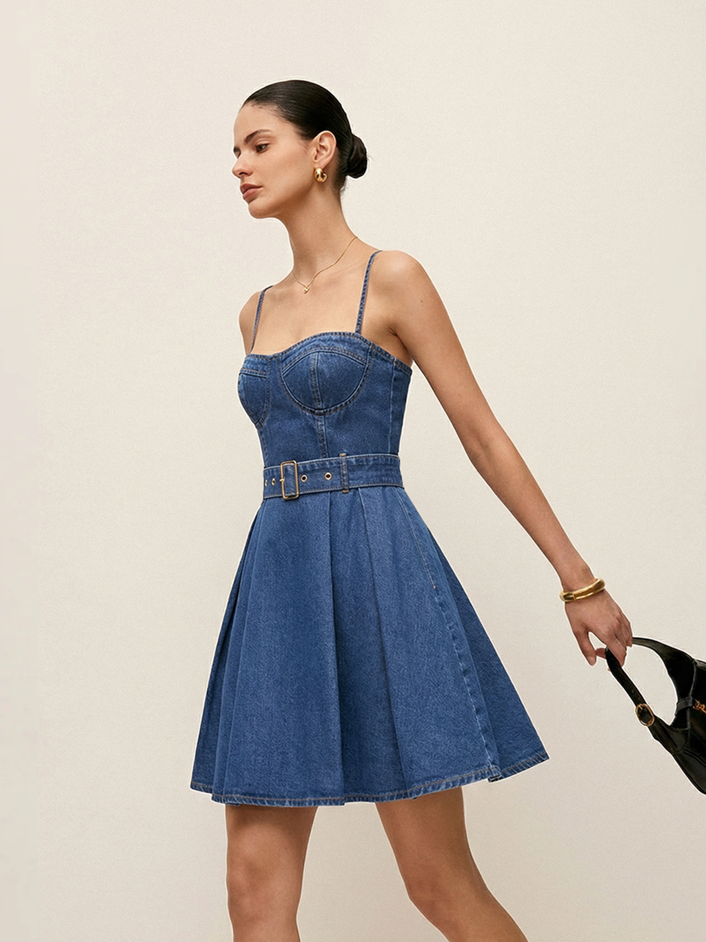 Belted Denim Mini Dress with Cami Straps