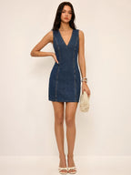 Sleeveless V-Neck Denim Dress Mini Length