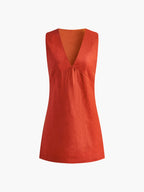 Cotton and Linen V-Neck Short Dress