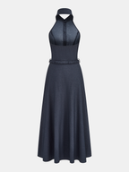 Collared Denim Maxi Dress with Halter Belt