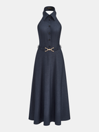 Halter Neck Collared Denim Maxi Dress with Belt