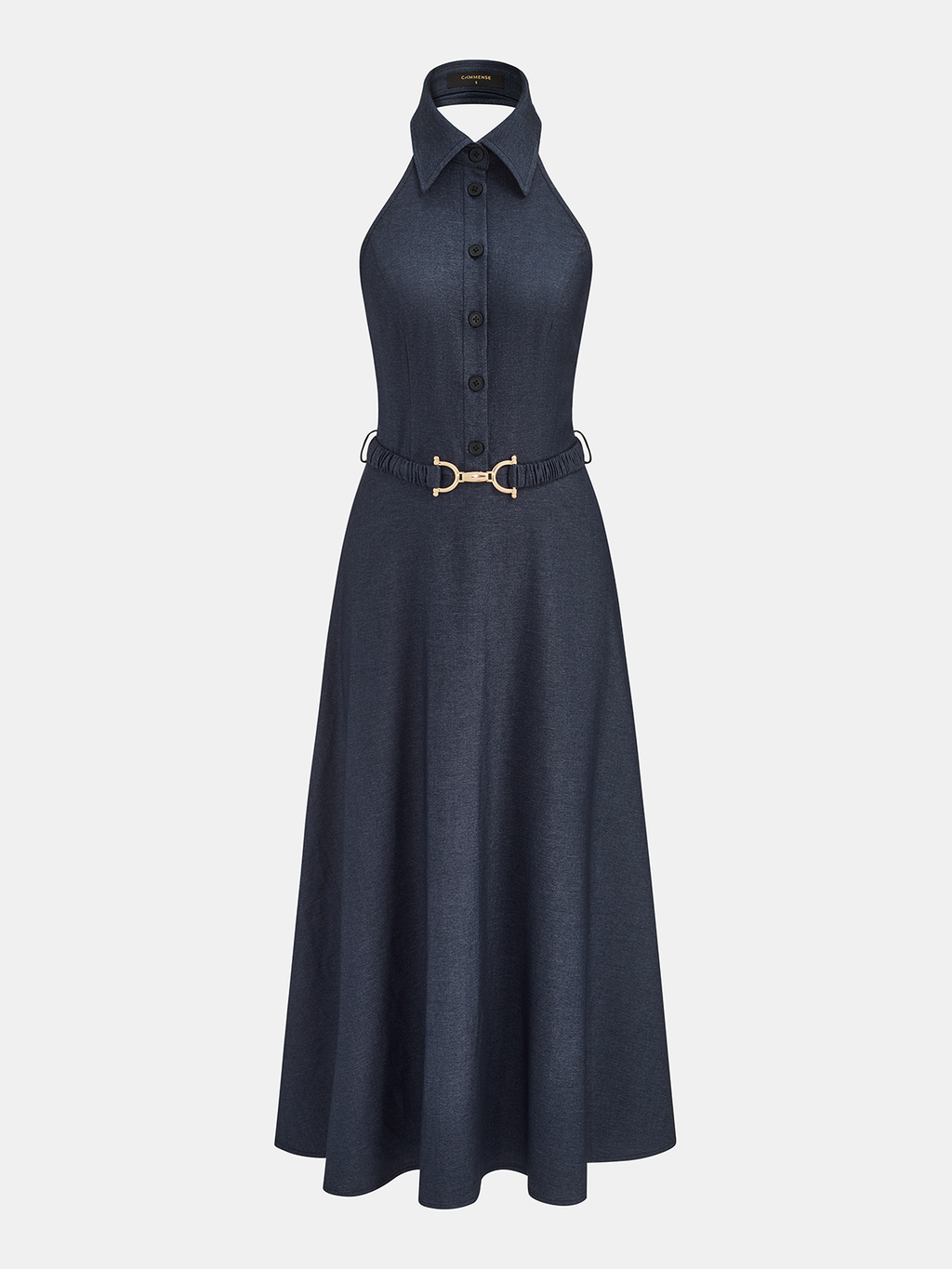 Collared Halter Denim Dress with Belted Maxi Design