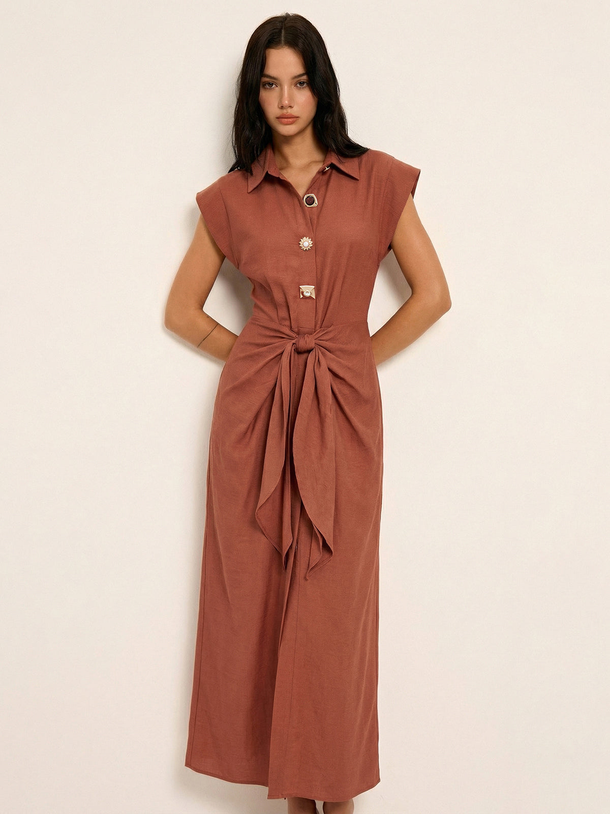 Waist Tie Maxi Dress with Collar and Sleeveless Design