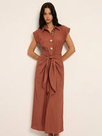 Collared Sleeveless Maxi Dress with Tie Waist