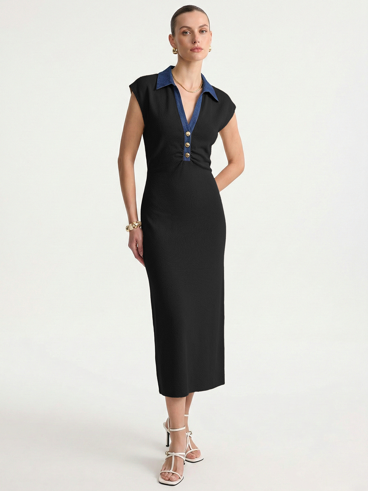 Sleeveless Denim Maxi Dress with Collared Neckline