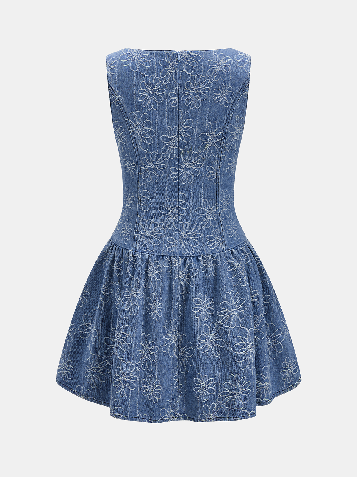 Denim Sleeveless Mini Dress with Floral Jacquard Detail