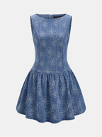Denim Mini Dress with Floral Jacquard Sleeveless Design