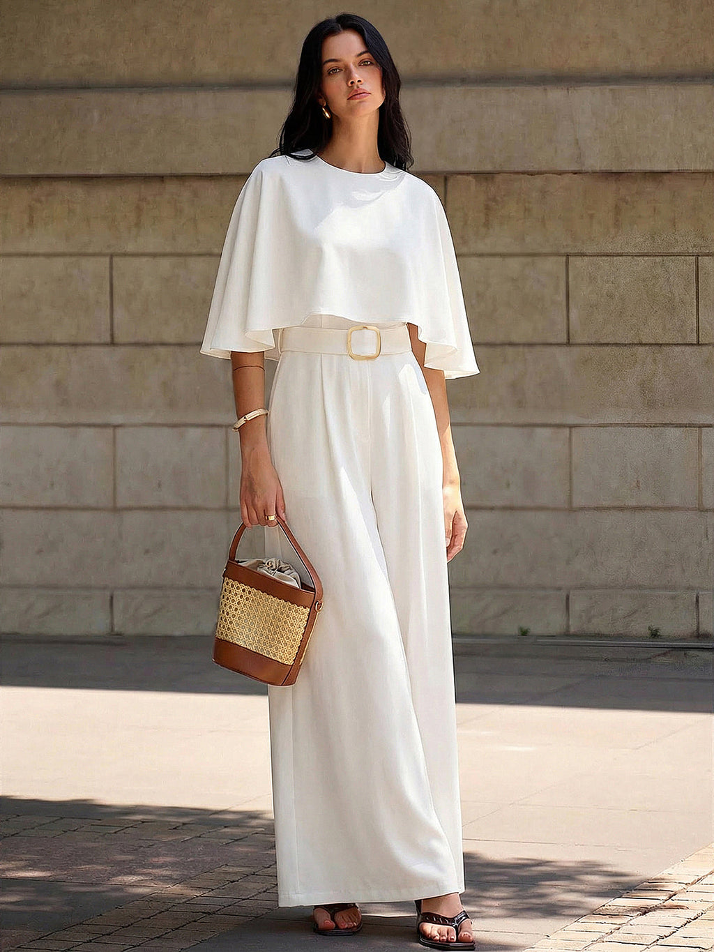 Belted Jumpsuit with Cape Sleeves and Wide Legs