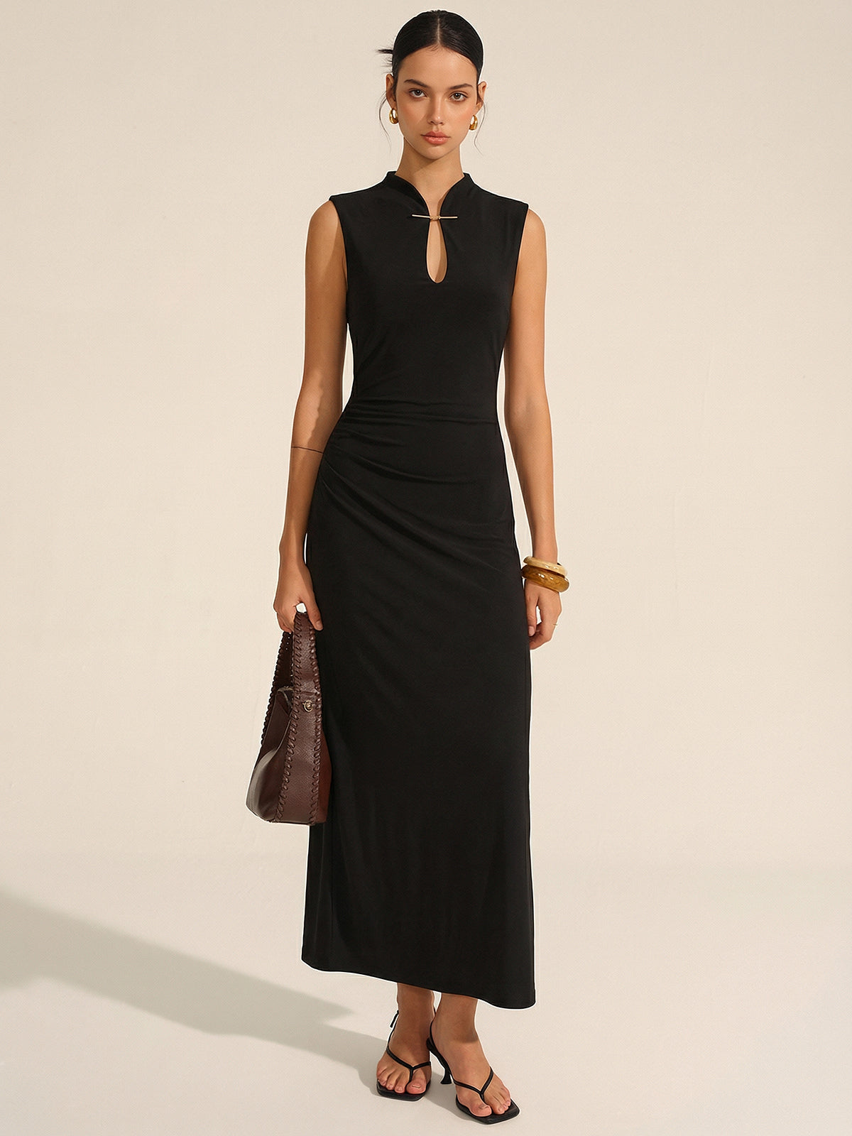 Sleeveless Ruched Maxi Dress with Keyhole Neckline