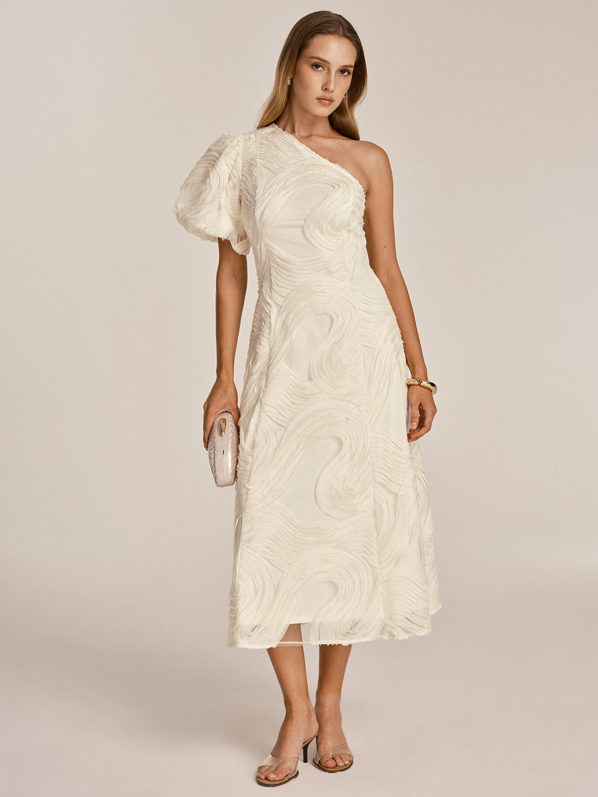 One Shoulder Ruffled Texture Mesh Midi Dress