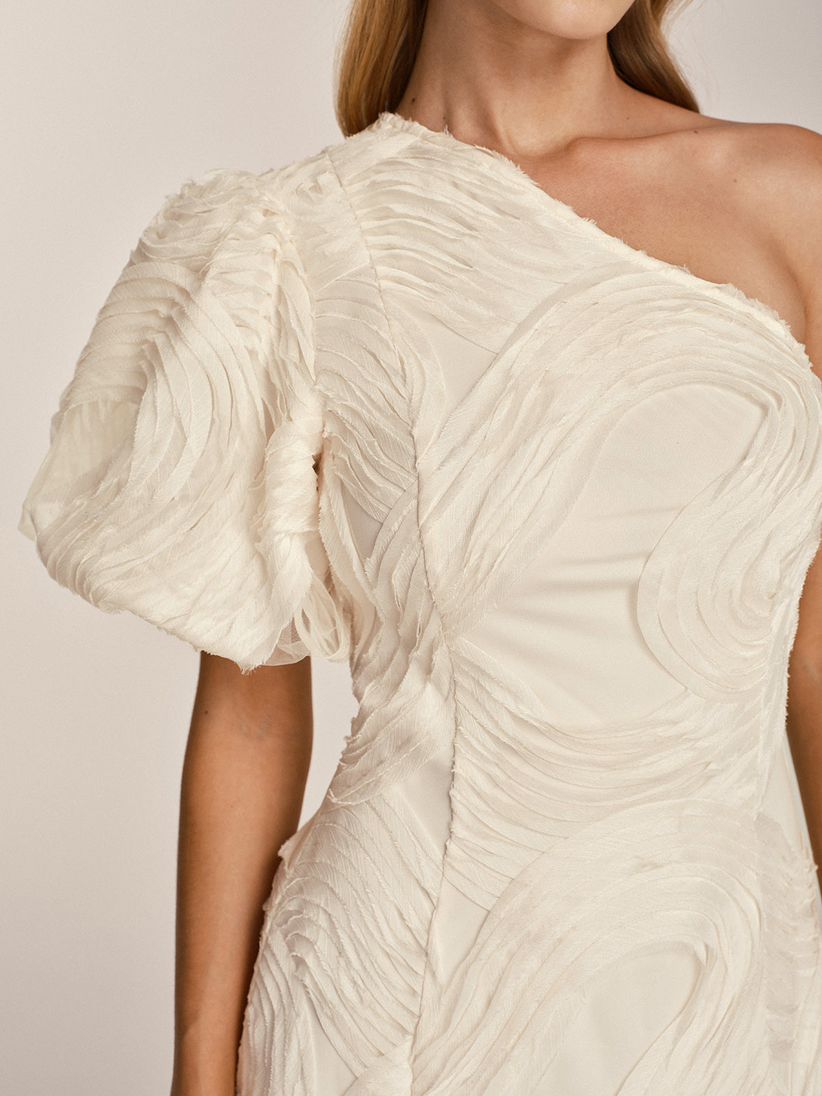 One Shoulder Ruffled Mesh Textured Midi Dress