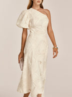 One Shoulder Ruffled Texture Mesh Midi Dress