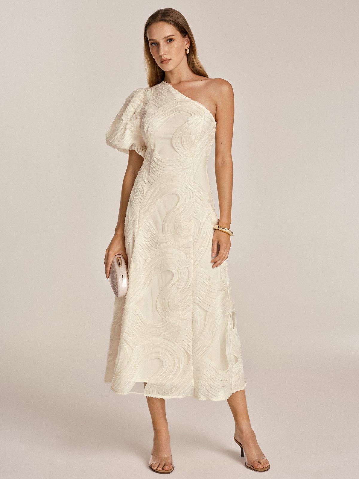 One Shoulder Ruffled Texture Mesh Midi Dress