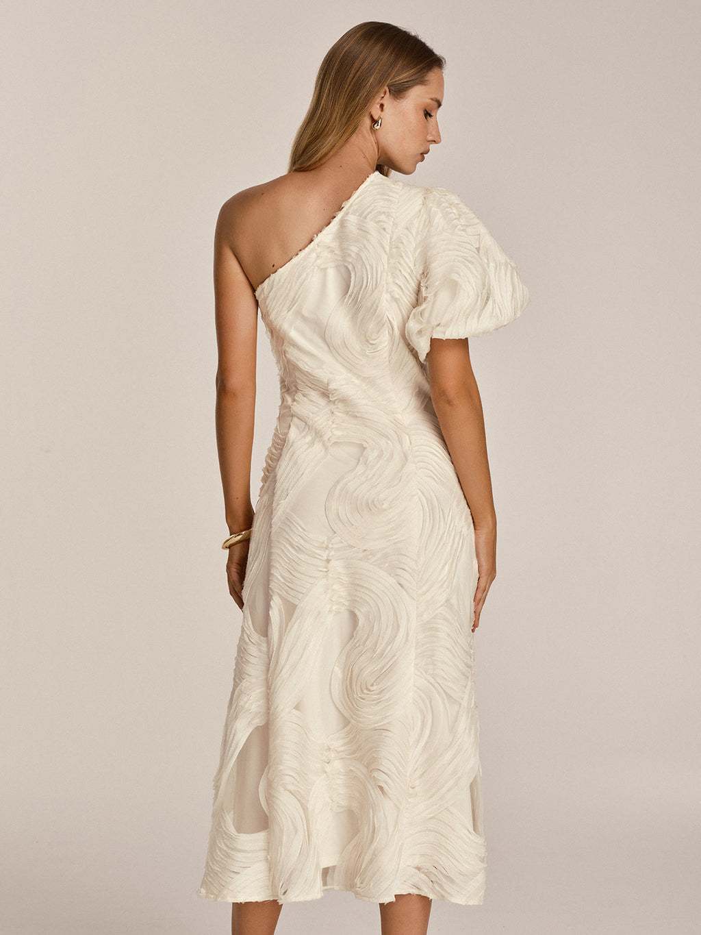 One Shoulder Ruffled Mesh Textured Midi Dress