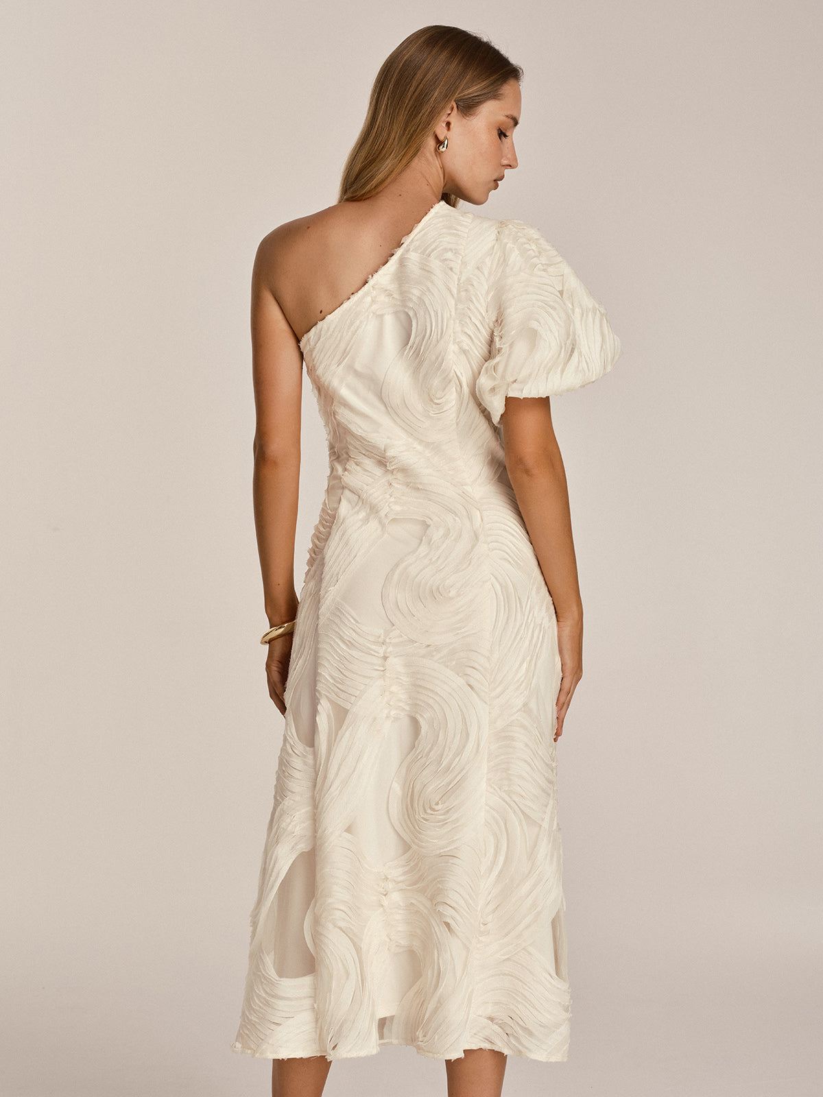 One Shoulder Ruffled Mesh Textured Midi Dress