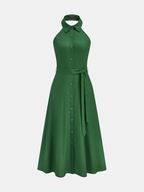 Cotton Linen Halter Maxi Dress with Belted Waist