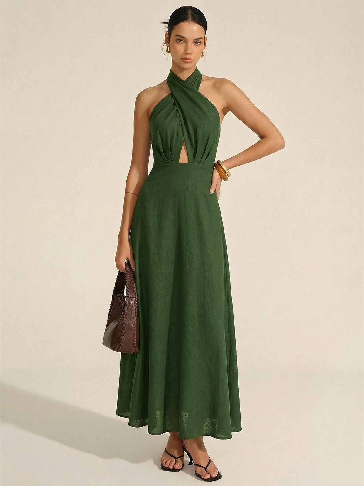 Cotton Linen Halter Maxi with Neck Cut-Out Detail