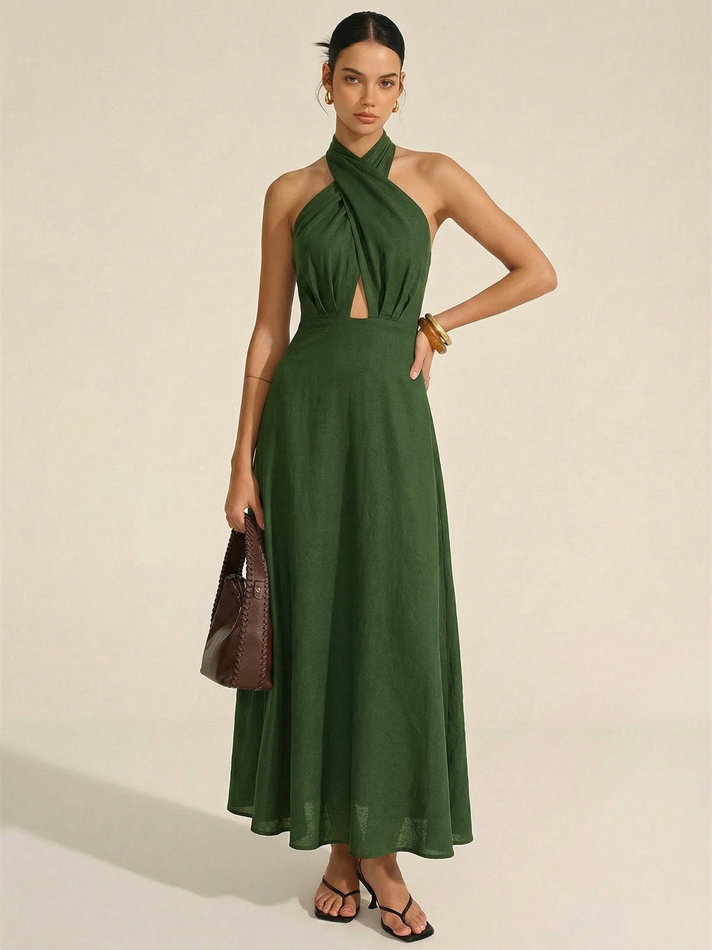 Cotton Linen Maxi Dress with Halter Neck Cut-Out