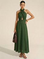 Cotton Linen Maxi Dress with Halter Neck Cut-Out