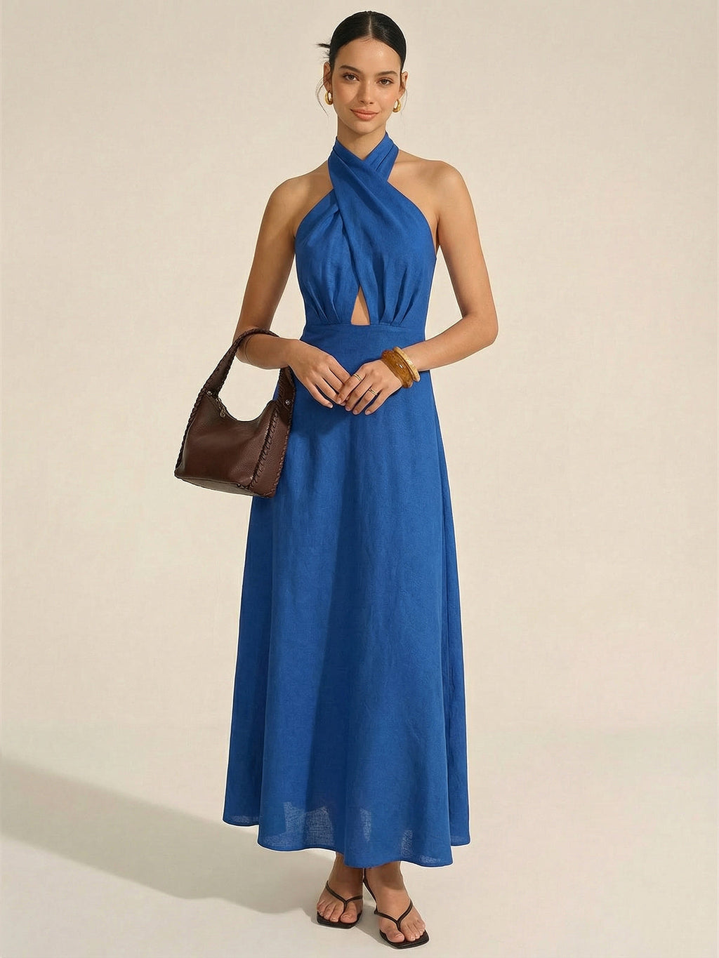 Cotton Linen Halter Maxi with Neck Cut-Out Detail