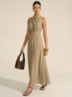 Cotton Linen Maxi Dress with Halter Neck Cut-Out